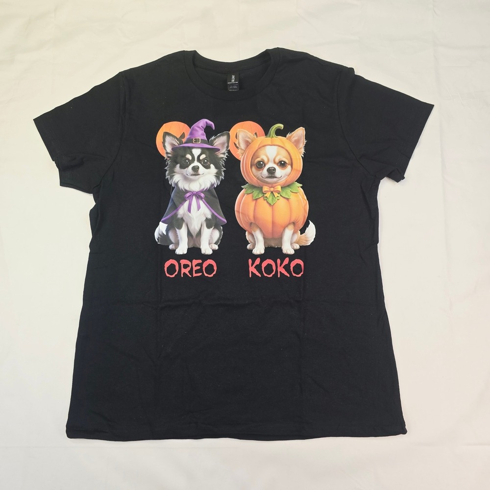 Women's Size Large Black Halloween Chihuahua Oreo Koko Tee Heavy Cotton T-Shirt